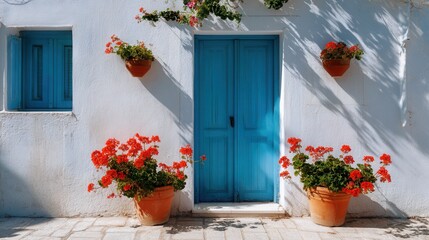Charming blue door and window accent a white facade, adorned with vibrant red geraniums and inviting Mediterranean flair.