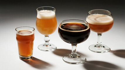Four glasses of beer are lined up on a table