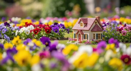 Obraz premium Miniature House Surrounded by Colorful Flowers in Garden Scene