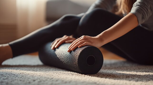 Woman uses a foam roller to massage and stretch leg muscles for myofascial release and wellness at home - Powered by Adobe