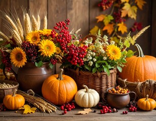 Abundant Autumn Harvest Display with Pumpkins, Flowers, and Berries