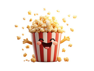 An adorable popcorn bucket brimming with freshly popped kernels, animated with a cheerful face and outstretched arms, radiating joy and fun. 
