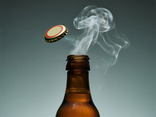 A bottle of beer with a cap missing and smoke coming out of it