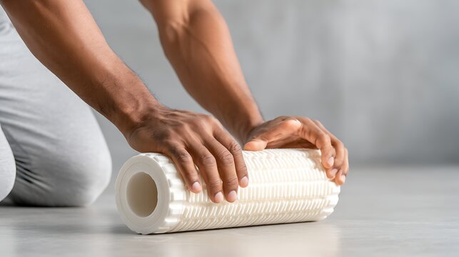 Man uses a foam roller on the floor, a tool for myofascial release and muscle recovery after workout session