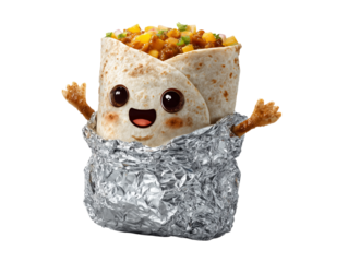 A cheerful cartoon burrito with a smiling face and outstretched arms sits in aluminum foil.