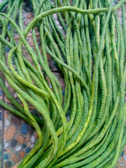 Long beans on the floor. Raw long bean vegetables.