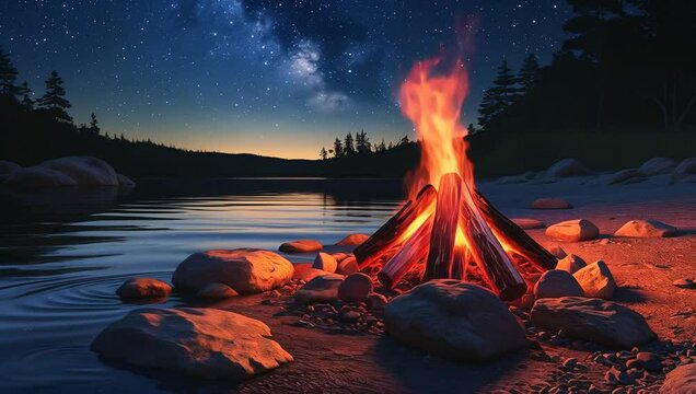 Stimmungsvolles Lagerfeuer am See bei Nacht mit Sternenhimmel &ndash; Realistische Naturaufnahme