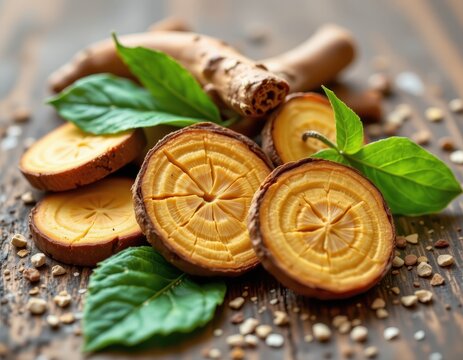 close up of ashwagandha root slices and fresh leaves, traditional adaptogen reducing stress and anxiety, warm natural lighting.