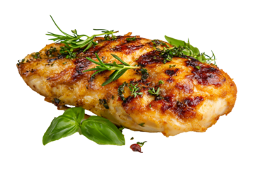 Juicy halal fried chicken fillet with herbs isolated on a transparent background 