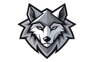 Striking wolf head with geometric style is staring ahead intently on white