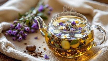 Fototapeta premium herbal tea infusion with chamomile, lavender, and valerian roots, glass teapot with steam, natural anxiety soother, warm cozy ambiance.