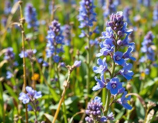 Fototapeta premium wild skullcap with blue flowers growing in meadow, natural nervous system relaxant, bright daylight and fresh botanical details.