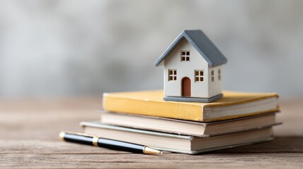 Miniature house positioned atop a stack of books alongside a pen, symbolizing real estate investment, mortgage considerations, rental costs, and various housing expenses
