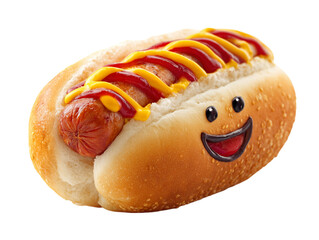 A delightful hotdog with ketchup and mustard smiles brightly. 