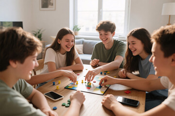 Group of teenagers playing board game together at home, laughing, no phones in sight, natural light, cozy room atmosphere, real connection, focus on hands moving pieces
