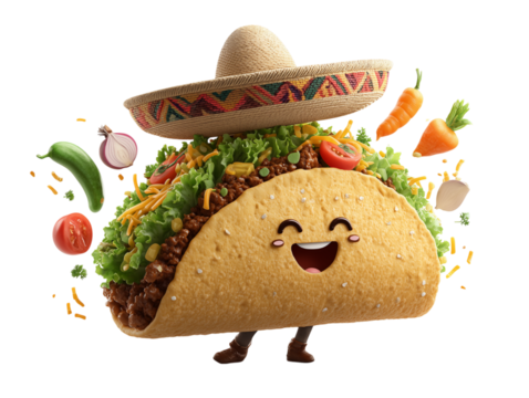 A charming animated taco adorned with a sombrero and brimming with fresh, colorful ingredients