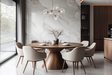 Round wooden dining table surrounded by beige chairs, placed near a marble wall, creating an elegant and timeless art deco interior design for a modern dining room, Generative AI