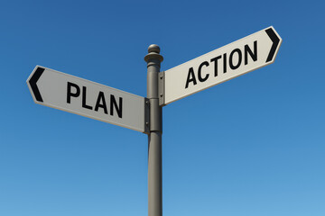 Two road signs pointing in opposite directions, reading "PLAN" and "ACTION" against a clear blue sky, symbolizing strategic decision-making and execution