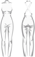 Stylish sleeveless jumpsuit flat sketch, crisscross back design, women’s fashion CAD template, high neck garment vector illustration, apparel