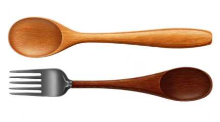 Two wooden spoons, one with a metal fork attachment, displayed in a top-down view