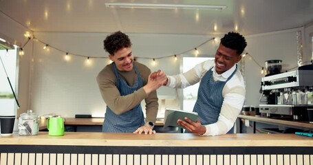 Men, barista and tablet with high five for congratulations, social media and trailer cafe teamwork. People, tech and waiter for customer service, partnership or mobile coffee shop review for success - Powered by Adobe