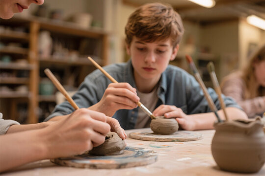 Teenagers focused on pottery and painting in cozy art studio, shaping clay and holding brushes, no digital devices, warm lighting, creative atmosphere, hands in sharp focus