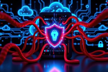 glowing digital shield protecting a server from red ransomware tentacles, while cloud backup streams glow blue behind it, symbolizing secure data protection and defense through backup redundancy.