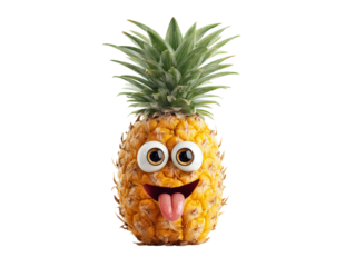This image depicts a playful pineapple with googly eyes and a protruding tongue