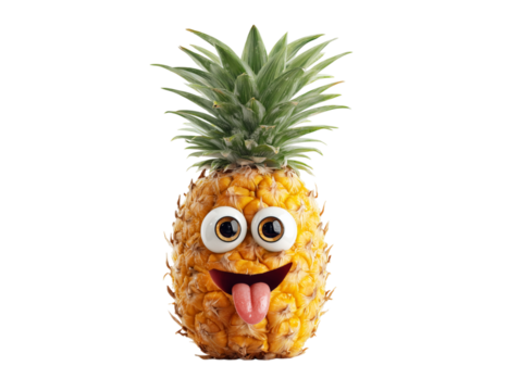 This image depicts a playful pineapple with googly eyes and a protruding tongue
