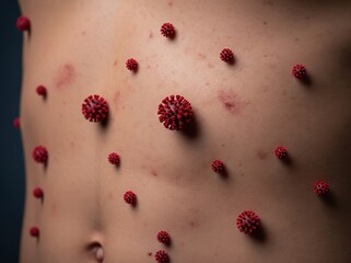 Human torso visual highlights red virus particles spreading internally, showing biological response to viral infection in medical style