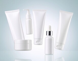 Assorted White Cosmetic Bottles and Tubes Floating on a Gradient Background