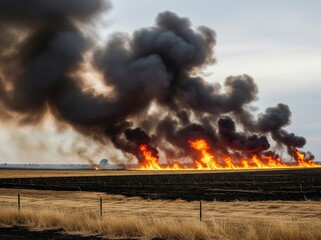 Fires rage across dry Australian farmland, with orange flames and thick smoke columns reaching into blue sky amid severe heatwave conditions