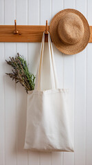 Natural canvas tote bag for mockup with fresh lavender hanging beside a straw hat on a wooden hook in a cozy indoor space