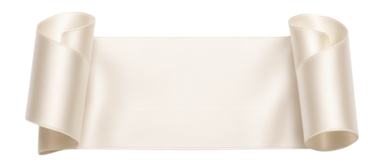 Elegant beige satin ribbon with curled edges, suitable for decoration or gift wrapping, on transparent background.