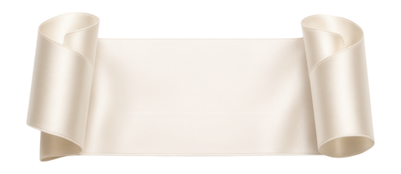 Elegant beige satin ribbon with curled edges, suitable for decoration or gift wrapping, on transparent background.