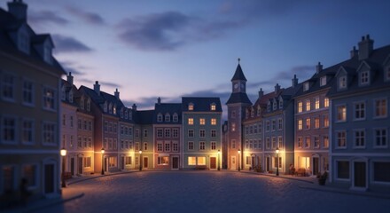 Naklejka premium Nighttime European Style Town Square with Illuminated Buildings and Cozy Street Lights