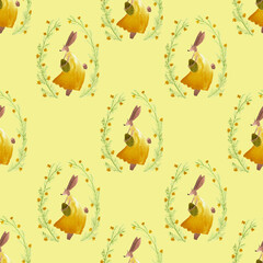 seamless pattern of watercolor cute bunny in yellow dress holding Easter egg and blooming flowers around on yellow background. hand painted spring illustration
