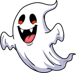 A white Halloween cartoon ghost with a wide smile revealing sharp fangs.