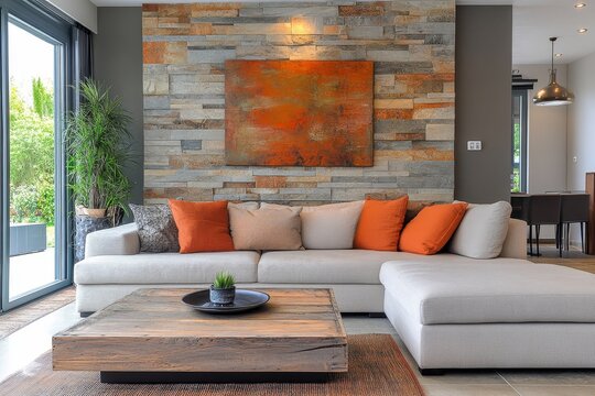 Rustic interior design of a modern dining room with a stone 3D panel wall, providing a warm and inviting space, Generative AI