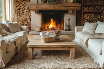 Rustic coffee table placed between two beige sofas in a rustic-themed living room, featuring a farmhouse-style fireplace, Generative AI