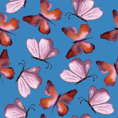 watercolor insects on blue background, hand painted illustrations of pink purple red butterflies