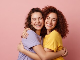 Smiling Female Friends Embrace Joyfully in Close Pose Showing Their Emotional Bond, Warmth and Shared Happiness on Pink Background