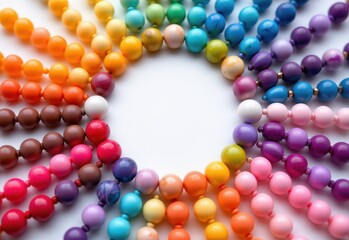 color gradient of matte and glossy beads arranged in radial pattern, harmonious palette for jewelry design, flat lay on white background.