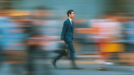 Businessman in blue suit walking briskly through blurred crowd, conveying sense of urgency and motion