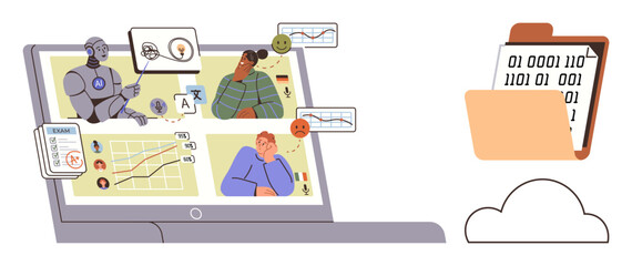 Laptop showing AI analyzing charts, multilingual tools, user responses. Binary data in a cloud folder. Ideal for technology, AI, analysis, remote work, communication innovation digital solutions