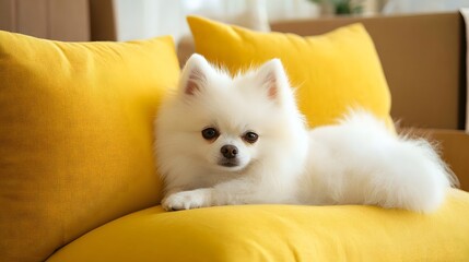 Cute White Pomeranian Puppy Relaxing on Yellow Couch