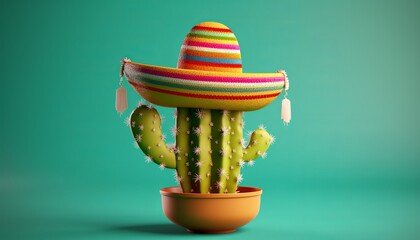 Cactus wearing a Mexican sombrero hat. Cinco de mayo celebration background