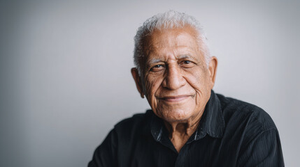 Obraz premium Elderly Hispanic man with kind eyes, wearing a button-up shirt, soft studio lighting, plain background
