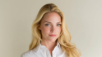 Fototapeta premium A woman with long blonde hair and light green eyes wearing a white shirt against a neutral background, featuring natural makeup and a calm, confident expression
