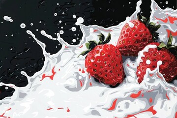 Strawberry splash art illustration with milky liquid and contrasting backdrop
